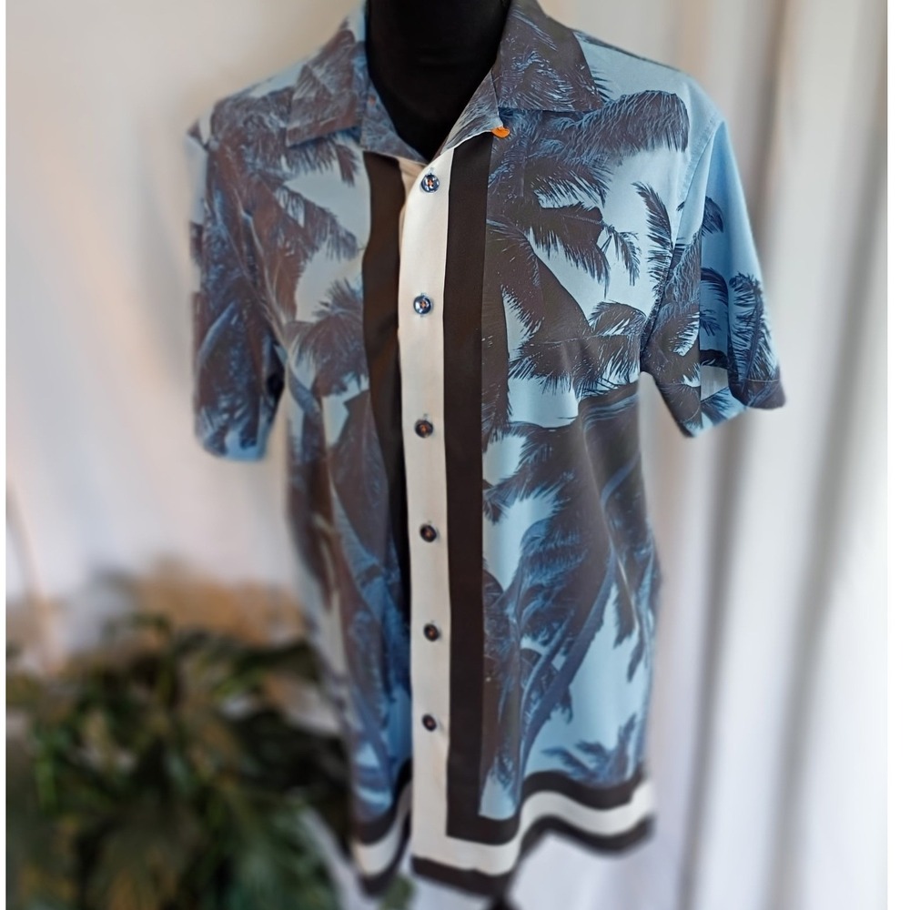 Tallia Sport Mens Blue Black Palm Tree Tropical Short Sleeve Button Down Shirt M